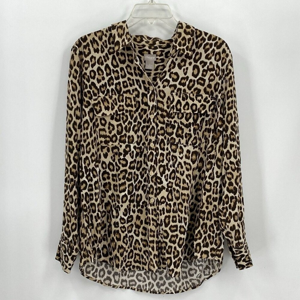 Chicos Leopard Print Long Sleeve Button Front Shirt Brown Tan Chicos 2 Sz L